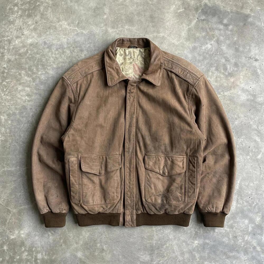 Vintage Brown Leather Bomber Jacket Map Lining